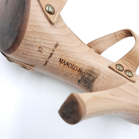 Manolo Blahnik Y2K Wood Platform Sandal Heel Bohemian Coquette 70s Tan 37 EU - Picture 6 of 14